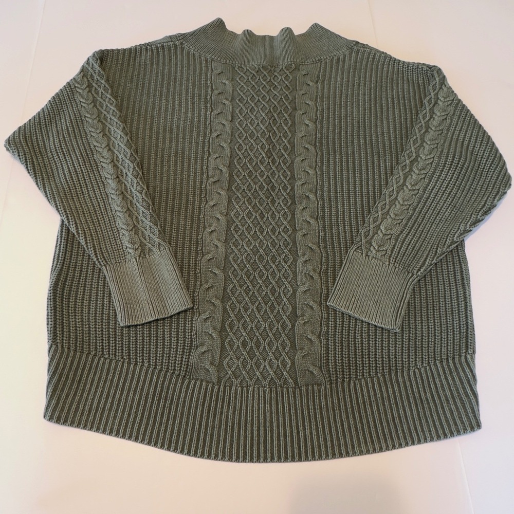 Aerie Sage Green Cable Knit V-Neck Sweater Women's Large Cotton Oversized Earthy - Picture 5 of 10